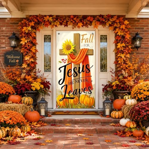 BlissYard Christian Fall Door Cover Thanksgiving Decor Cross 35x71 Inch - Image 2