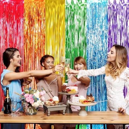 GOER 6.5 ft x 8.2 ft Metallic Tinsel Foil Fringe Curtains,Pack of 2 Party Streamer Backdrop for Birthday,Graduation Decorations and New Year Eve (Rainbow Colors) - Image 4