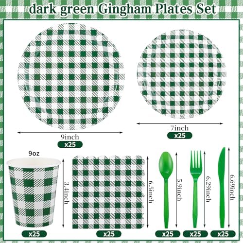 175 Pcs Green Gingham Party Supplies Set For 25 Guests - Image 2