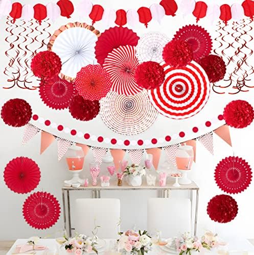 Moon Boat 35PCS Party Decorations Paper Fan Hanging Set - Birthday,Wedding,Baby Shower,Circus,Festival Decor (Red) - Image 7