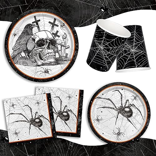 Spider Webs Halloween Party Supplies - Featuring Skull & Spider Themes, All-inclusive Wicked Web Paper Plates, Napkins, Cups, Tablecloth, and Banner. Ideal for Halloween Party Decorations, Serve 25 . - Image 3