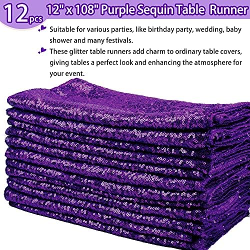 12 Packs 12 X 108 Inch Purple Sequin Table Runner Glitter Dining Table Runner for Birthday Wedding Engagement Bridal Baby Shower Bachelorette Holiday Celebration Party Supplies Decorations (Purple) - Image 2