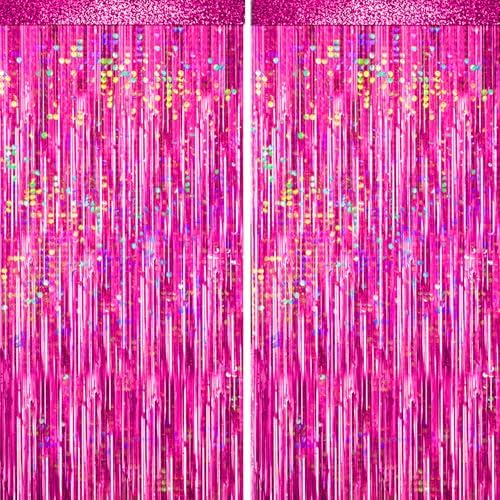 4 Packs Hot Pink Foil Fringe Curtain, Pink Glitter Metallic Tinsel Backdrop for Birthday, Wedding, Baby Shower, Bachelorette Cowgirl Princess Party Decorations Supplies by BSRESIN