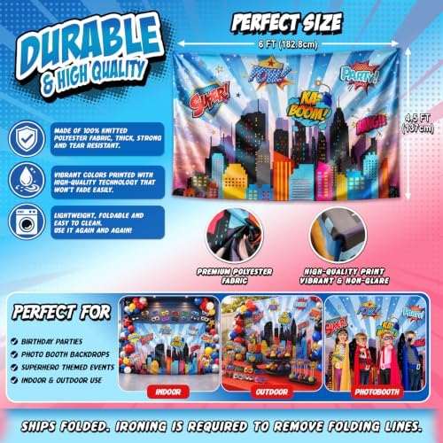 Wonder Woman and Other Superheroes Cityscape Photography Backdrop, Studio Props & Mask. Great as Super Hero City Photo Booth Background – Birthday Party & Event Decorations - Image 6