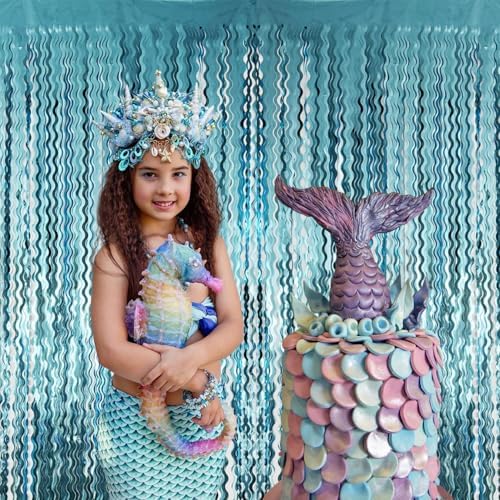 Goer Metallic Tinsel Foil Fringe Curtains for Party Photo Backdrop Wedding Decor (4 Pcs,Wavy Light Blue), One Size - Image 2