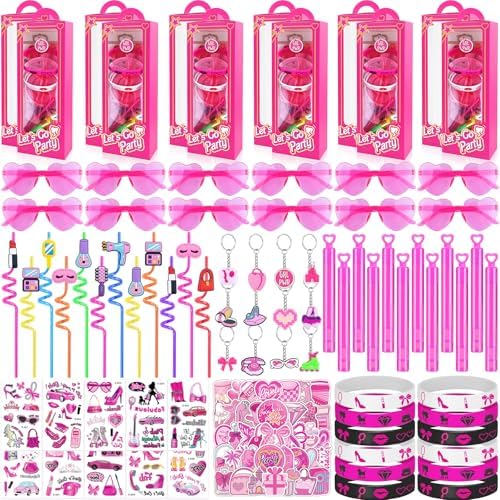 184Pcs Pink Girls Party Favors Pack - For 12Guests, Includ Goodie Box Heart Glasses Straws Bubble Wands Tattoo Sticker Bracelet Keychain, for Kids Girls Birthday Party Decoration Supplies by We1stdsee