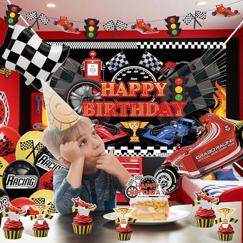 Happy Birthday Decorations For Women Men,Birthday Backdrop,Banner Balloons,Table Cloth,Paper pom poms Party Supplies for Girls Boys (Race car) - Image 7