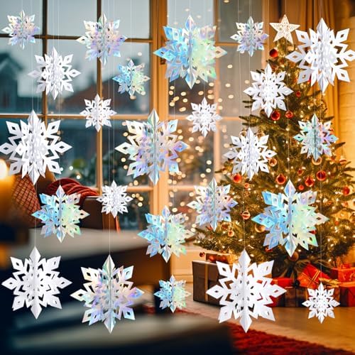 Snowflake Decorations, Paper Christmas Hanging Decor Indoor, 24-Pc by OuMuaMua