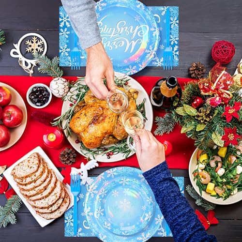 96PCS Blue Christmas Plates Napkins Forks for Party Decorations, Set of 24 Snowflakes Merry Christmas Disposable Tableware Supplies, Blue White Paper Plates for Christmas Party - Image 6