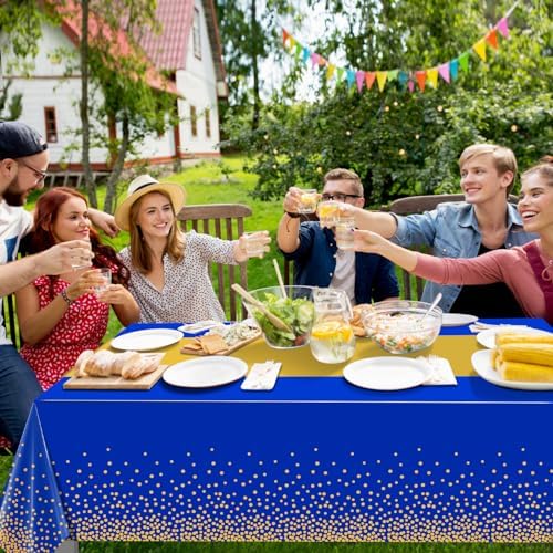 3Pcs Blue and Gold Tablecloth Party Decorations,Plastic Royal Blue Table Cloth Printed Gold Tables Runner Disposable Rectangle Table Cover for Birthday Anniversary Wedding Graduation Party,54 x108Inch - Image 6