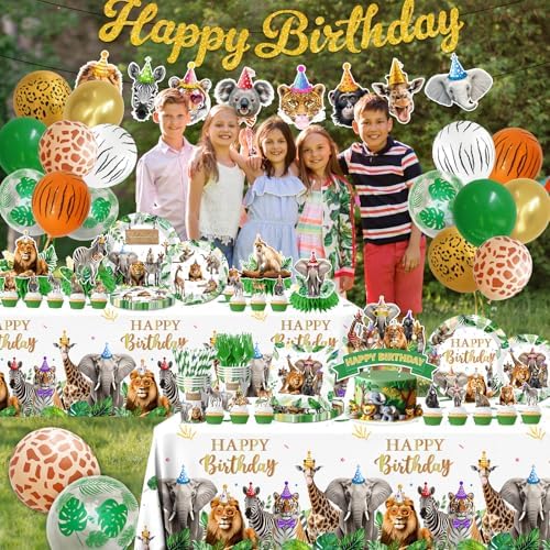 Safari Themed Party Decorations Tableware,198pcs Jungle Plates and Napkins for Party,animal Birthday Party Tablecloth Cups Cake Toppers Balloons for Zoo Party Decorations - Image 3
