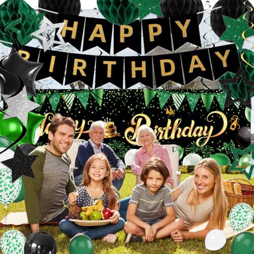 Green Black Birthday Decorations, Happy Birthday Banner, Backdrop, Balloons, Honeycomb Balls, Star Foil Balloons, Stars Hanging Swirls & Cake Topper for Baby Boys Girl Men Women Birthday Decoration - Image 6