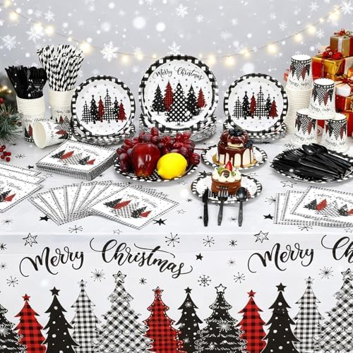 Funnymoom 452 Pcs Christmas Tree Party Supplies for 50, Black Buffalo Plaid Gingham Christmas Paper Plates Napkins Cups Tablecloth Cutlery Straws Tableware Set for Xmas Holiday Party Decorations - Image 5