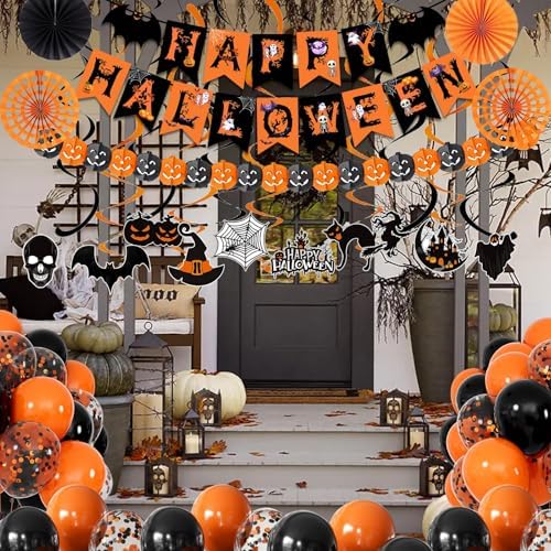 Fecedy Black Orange Happy Halloween Trick or Treat Banner Paper Fan Balloons & Swirl Streamers Goul Bat Cat Bird Ghost Pumpkin Lantern for Halloween Decorations - Image 5