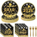 100 Pcs Graduation Plates and Napkins, 2026 Black Gold Graduation Disposable Plates and Napkins Party Supplies Set Serves 25, Black Gold Disposable Dinnerware Set for 2026 Decorations Grad Party by Upigi