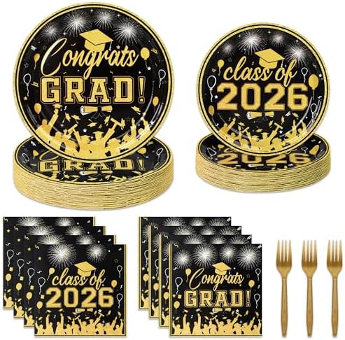 100 Pcs Graduation Plates and Napkins, 2026 Black Gold Graduation Disposable Plates and Napkins Party Supplies Set Serves 25, Black Gold Disposable Dinnerware Set for 2026 Decorations Grad Party by Upigi