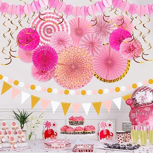 Moon Boat 35PCS Party Decorations Paper Fan Hanging Set - Birthday,Bridal/Baby Shower,Bachelorette,Wedding Decor (Pink) - Image 7