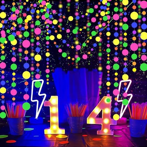 120feet UV Round Dot Paper Neon Garland Neon Streamers Decorations UV Reactive Black Light Party Favors Glow in The Dark Party Supplies for Wedding Birthday Garlands - Image 2