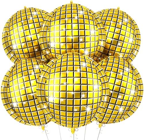 6pcs 22 Inch Gold Disco Ball Balloons, Gold Big Disco Balloons, 4d Large Foil Aluminum Balloon For Birthday Baby Shower 70s 80s 90s Theme Party Wedding Engagement Graduation New Year Decoration by Paready