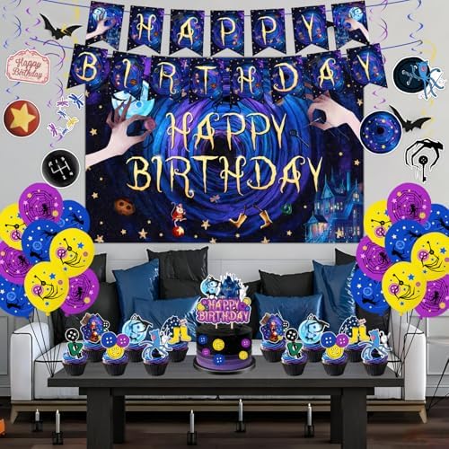 40Pcs Horror Birthday Party Decorations Blue Purple Theme Birthday Party Supplies Including Banner Hanging Swirls Balloons Backdrop Cake Toppers and Cupcake Toppers for Halloween Parties Decorations - Image 2