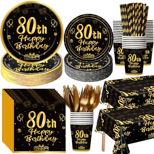 Funnymoom 452 Pcs 80th Birthday Party Decorations Set for Men Women, Black and Gold Happy 80th Birthday Paper Plates Napkins Cups Tablecloth Cutlery Straws Cheers to 80 Years Anniversary Party by Funnymoom