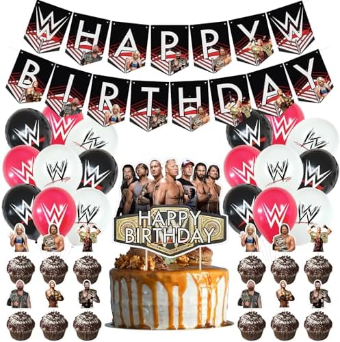 Wrestling Birthday Decorations, Wrestling Party Supply include Happy Birthday Banner, Cake Topper, Cupcake Toppers, Balloons for Kids Adults Party Decorations (Black) by Unknown