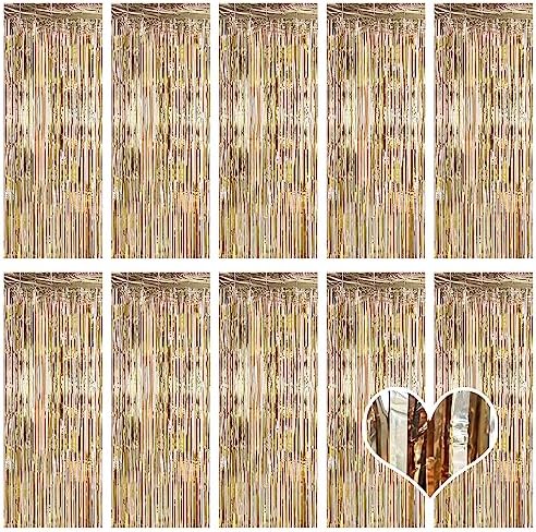 10 Pack Champagne Gold Backdrop Curtain 3.2ft x 8.2ft Metallic Tinsel Foil Fringe Curtains Photo Booth Background for Birthday Party Decoration Engagement Wedding Christmas Decor (Champagne Gold) by Ohiyoo