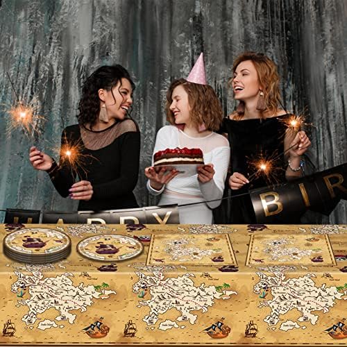 41 Pieces Pirate Party Tableware Set Pirate Birthday Party Decorations Includes Treasure Map Plates Nautical Napkins and Plastic Island Treasure Tablecloth for Treasure Theme Birthday Party Decoration - Image 6