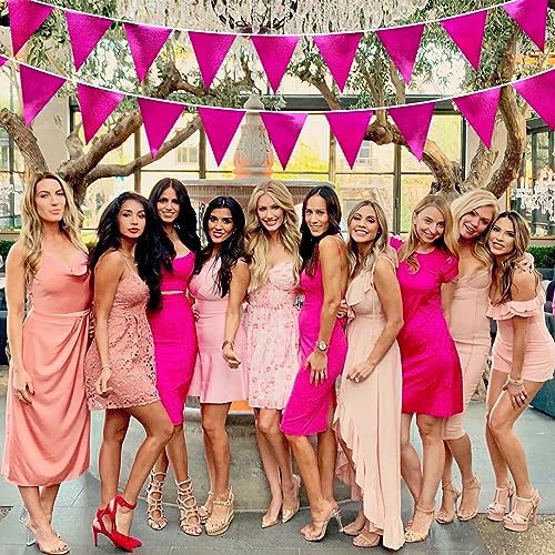 Hot Pink Party Decorations Triangle Pennant Banner Flag Rose Pink Metallic Fabric Bunting Garland for Birthday Bachelorette Wedding Bridal Shower Anniversary Flamingo Theme Party Supplies - Image 6