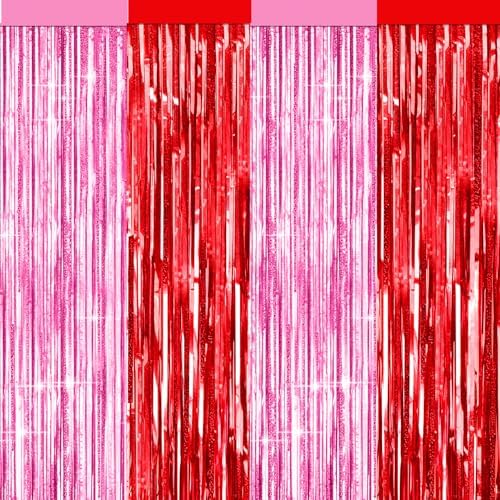 4 Packs Pink and Red Foil Fringe Curtain, Pink Red Metallic Tinsel Backdrop for Birthday, Baby Shower, Princess Bachelorette Party, Valentines Party Decorations Supplies by BSRESIN