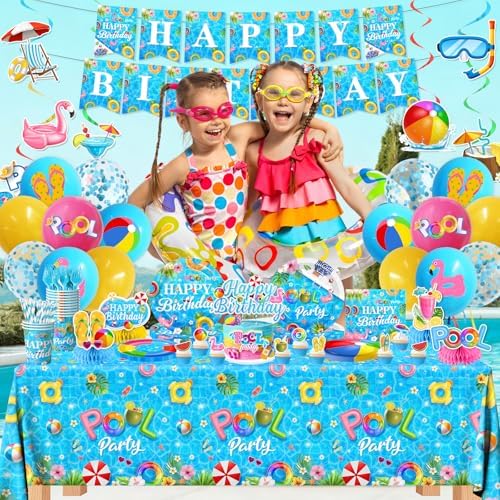 Pool Birthday Party Supplies,Summer Beach Party Decorations Paper Plates,Napkins,Balloon,Banner,Cupcake Topper for Summer Hawaiian Beach Pool Birthday Supplies Serves 24 - Image 4