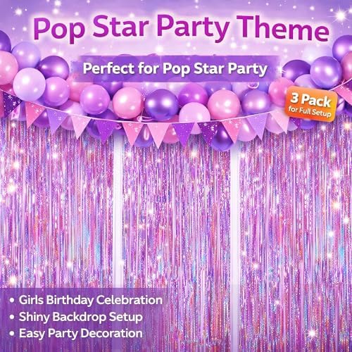 Pinkish Purple Fringe Curtain Backdrop 3 Pack, 3.2 x 8.2 FT Decorations - Image 3