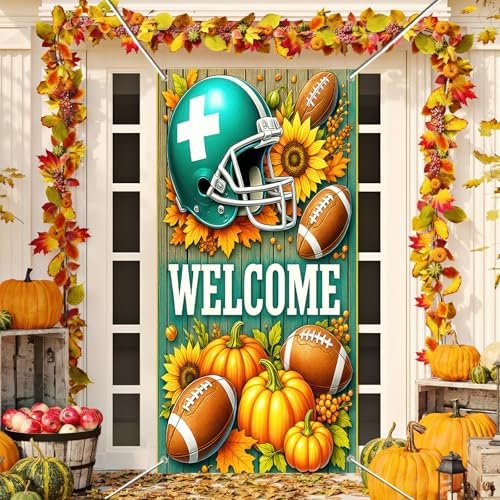 BlissYard Fall Door Cover Football Decor Pumpkin Helmet Autumn 35x71 Inch by BlissYard