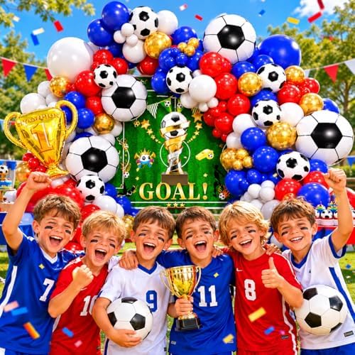 Soccer Party Decorations 161Pcs, Soccer Balloon Garland Arch Kit with Backdrop Banner 18'' Football Foil Balloons, Blue Red Gold White Balloons for Boys Sports Fan Birthday Soccer Party Decor - Image 6