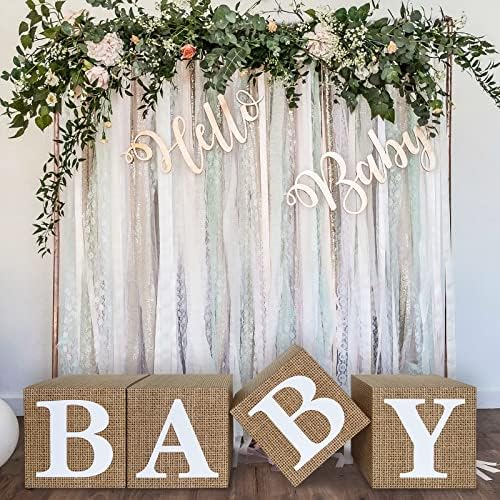 Burlap Print Baby Shower Boxes for Gender Reveal Party Gender Neutral Baby Shower Centerpiece Decor - 4 Pcs Burlap Grain Baby Cubes Baby Blocks with Letters, Rustic Baby Shower Decorations by Unidemo