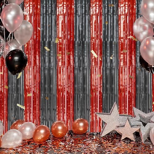 DECOCKRAT 3 Pack Foil Fringe Backdrop - Red&Black Shiny Tinsel Curtains for Party Decoration/Photo Booth Props - 3.3x8.2 FT Metallic Foil Backdrop for Birthday, Wedding, Graduation, Christmas. - Image 6