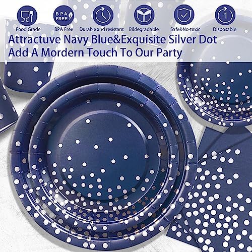 Gudvilla350 PCS Navy Blue Plates and Napkins Party Supplies,Navy Blue Paper Plates with Plastic Silverware Serve 50 Guests,Blue and Silver Birthday Plates Disposable for Wedding Retirement Decorations - Image 3