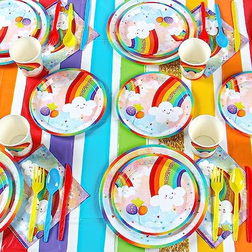 Rainbow Party Supplies, Happy Birthday Decorations for Girls & Boys -169pcs Rainbow Party Tableware Set Include 9" and 7" Party Plates and Napkins Cups Utensils with Tablecloth for 24 Guests - Image 2