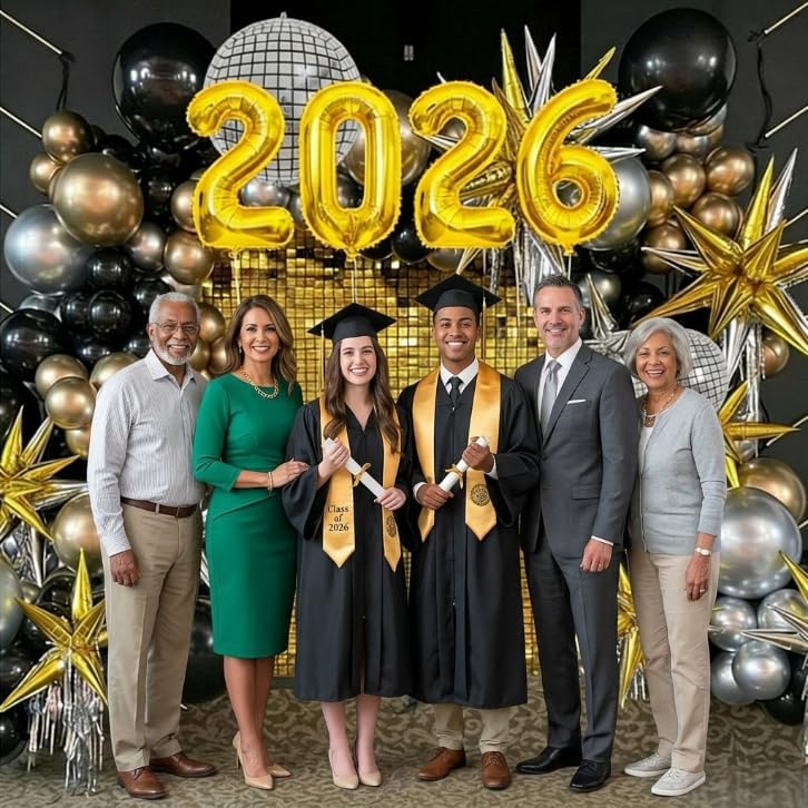 2026 Graduation Balloon Garland Arch Kit, Black Gold Silver Balloon Arch Class of 2026 Graduation Decorations Disco Star Balloons for Grad Celebrations Birthday Party Decorations - Image 4