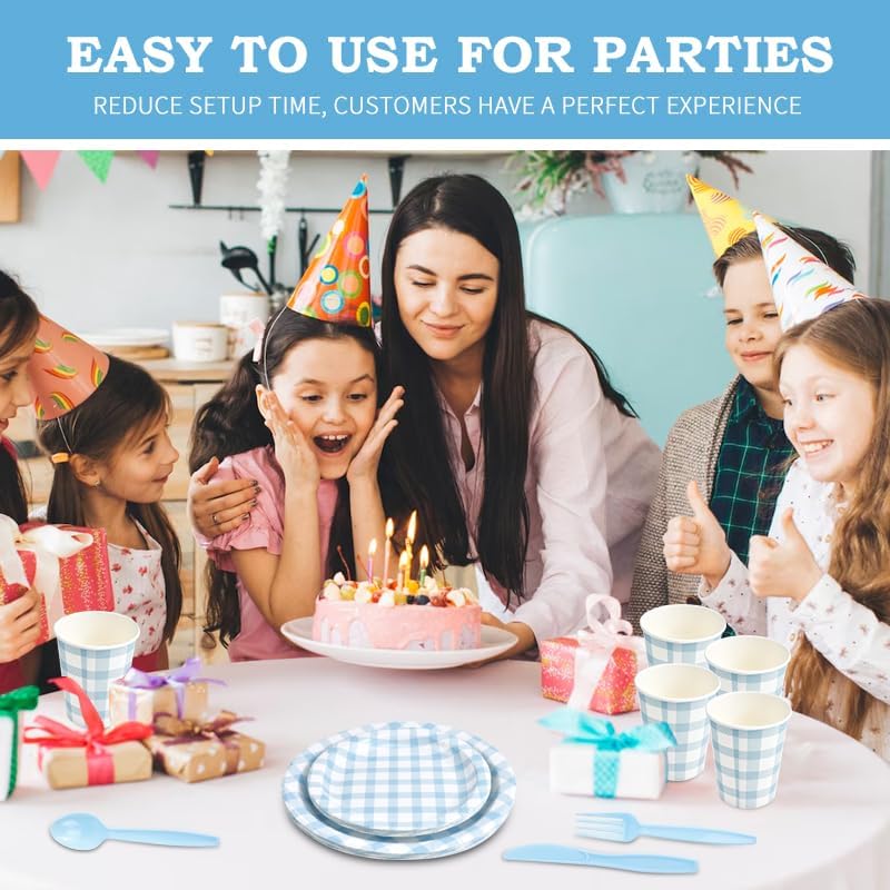 168Pcs Gingham Party Supplies for 24 Guests Thick Paper Plates and Napkins Knives Spoons Forks Cups Disposable Party Set Cutlery for Dinner Baby Shower Wedding Favor(Blue) - Image 5