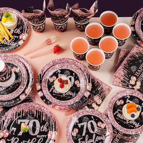 250PCS 70th Birthday Party Decorations for 50 Guests Black and Rose Gold Party Supplies for Women Include Disposable Paper Plates, Napkins, Cups, and Disposable Plastic Cutlery (70) - Image 3