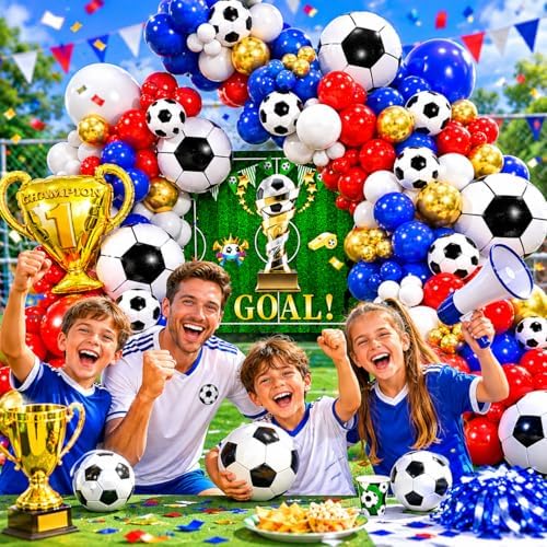 Soccer Party Decorations 161Pcs, Soccer Balloon Garland Arch Kit with Backdrop Banner 18'' Football Foil Balloons, Blue Red Gold White Balloons for Boys Sports Fan Birthday Soccer Party Decor - Image 7