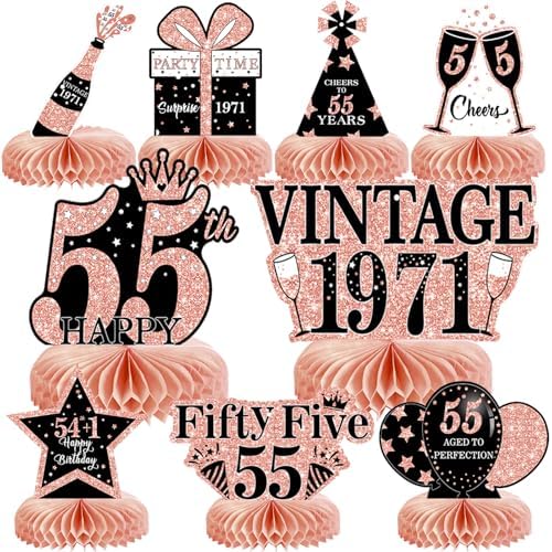 9Pcs 55th Birthday Decorations Honeycomb Centerpieces for Women, Rose Gold Pink Happy 55th Birthday Centerpieces Tables Toppers Party Decorations Supplies, Vintage 1971 Aged Table Sign Decor by MOORAY