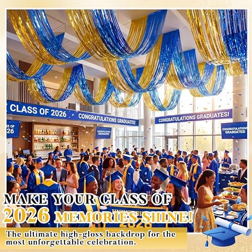 Breling 4 Pcs Blue Gold Ceiling Fringe Curtains, Foil Drapes, 15 ft - Image 3