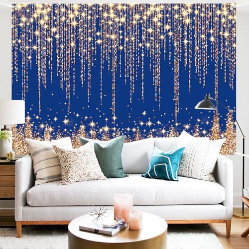 Gold Blue Glitter Wall Backdrop 8x6 FT Golden Spots Backdrops for Photoshoot Girls Birthday Photography Background for Wedding Baby Shower Party Decorations Banners Photo Studio Props - Image 3