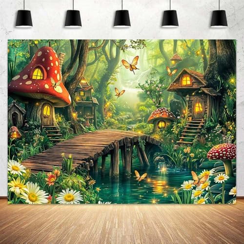 Spring Enchanted Forest Backdrop Green Fairy Tale Mushroom House Wonderland Jungle Photography Background Baby Shower Birthday Party Decorations Banner Photo Booth Props 5X3FT - Image 3