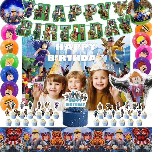 Birthday Party Decorations - Theme Children's Party Supplies Included Happy Birthday Banner, Backdrop, Hanging Swirls, Tablecloth, Cupcake Cake Toppers, Latex Balloons and Foil Balloons - Image 5