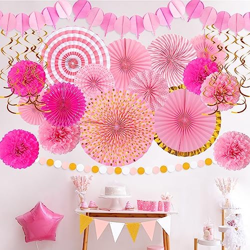 Moon Boat 35PCS Party Decorations Paper Fan Hanging Set - Birthday,Bridal/Baby Shower,Bachelorette,Wedding Decor (Pink) - Image 2