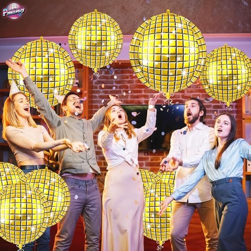 6pcs 22 Inch Gold Disco Ball Balloons, Gold Big Disco Balloons, 4d Large Foil Aluminum Balloon For Birthday Baby Shower 70s 80s 90s Theme Party Wedding Engagement Graduation New Year Decoration - Image 4