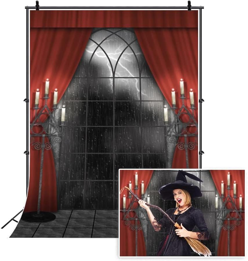 Renaiss 4x6ft Vintage Gothic Window Backdrop Red Curtain Candlestick Black Floor Lightning Stormy Sky Vampire Medieval Castle Photography Background Halloween Dress Up Party Decors Photo Booth Props - Image 2